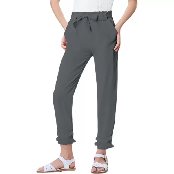Mebius Girls Elastic Paperbag Pants Tapered High Waist Belted with Bow Knot Pockets Ankle Length Casual School TrousersDark Grey
