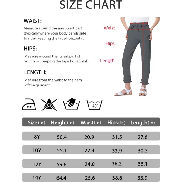 Mebius Girls Elastic Paperbag Pants Tapered High Waist Belted with Bow Knot Pockets Ankle Length Casual School TrousersDark Grey