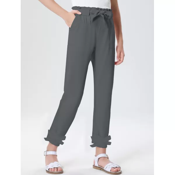 Mebius Girls Elastic Paperbag Pants Tapered High Waist Belted with Bow Knot Pockets Ankle Length Casual School TrousersDark Grey