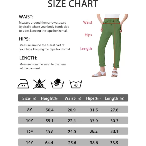 Mebius Girls Elastic Paperbag Pants Tapered High Waist Belted with Bow Knot Pockets Ankle Length Casual School TrousersGreen
