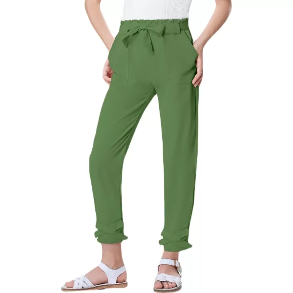 Mebius Girls Elastic Paperbag Pants Tapered High Waist Belted with Bow Knot Pockets Ankle Length Casual School TrousersGreen