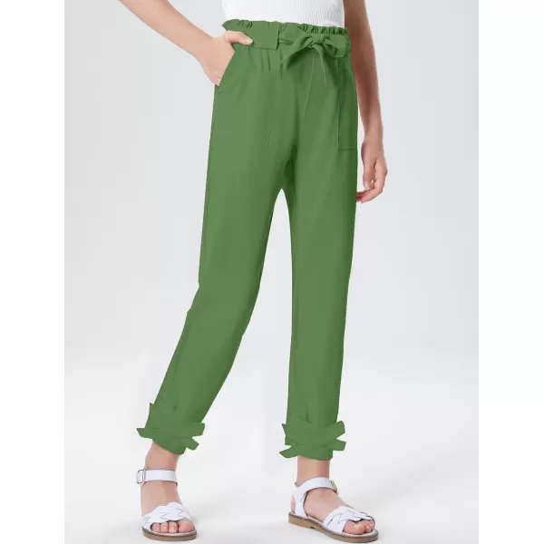 Mebius Girls Elastic Paperbag Pants Tapered High Waist Belted with Bow Knot Pockets Ankle Length Casual School TrousersGreen