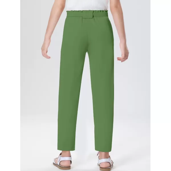 Mebius Girls Elastic Paperbag Pants Tapered High Waist Belted with Bow Knot Pockets Ankle Length Casual School TrousersGreen