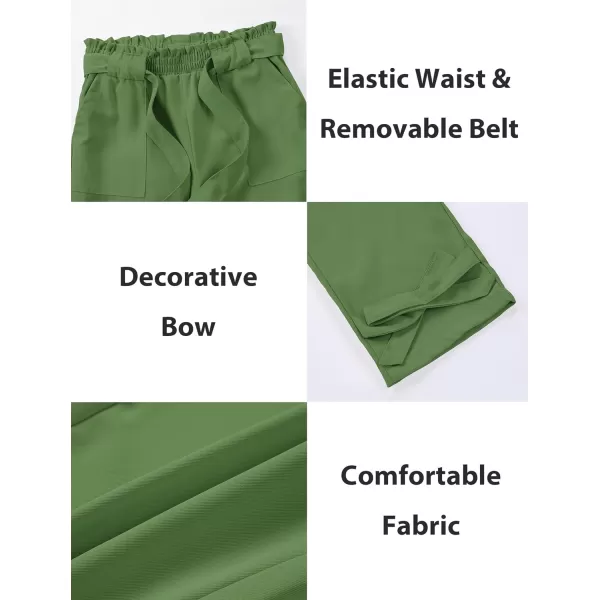 Mebius Girls Elastic Paperbag Pants Tapered High Waist Belted with Bow Knot Pockets Ankle Length Casual School TrousersGreen
