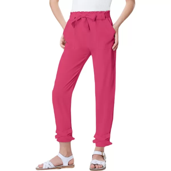 Mebius Girls Elastic Paperbag Pants Tapered High Waist Belted with Bow Knot Pockets Ankle Length Casual School TrousersHot Pink