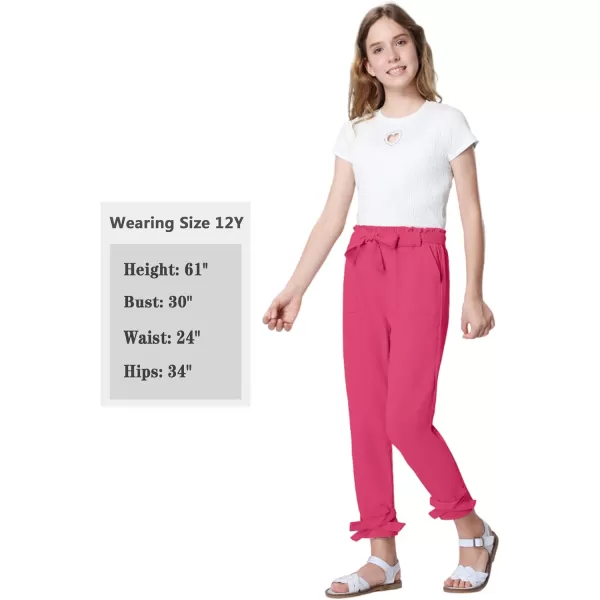 Mebius Girls Elastic Paperbag Pants Tapered High Waist Belted with Bow Knot Pockets Ankle Length Casual School TrousersHot Pink