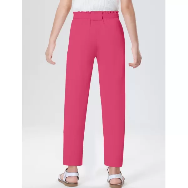 Mebius Girls Elastic Paperbag Pants Tapered High Waist Belted with Bow Knot Pockets Ankle Length Casual School TrousersHot Pink