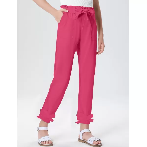 Mebius Girls Elastic Paperbag Pants Tapered High Waist Belted with Bow Knot Pockets Ankle Length Casual School TrousersHot Pink