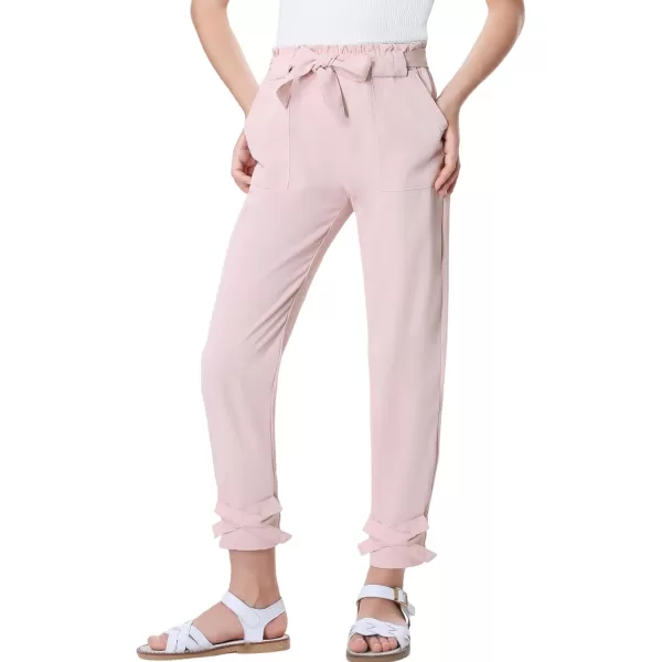 Mebius Girls Elastic Paperbag Pants Tapered High Waist Belted with Bow Knot Pockets Ankle Length Casual School TrousersPink