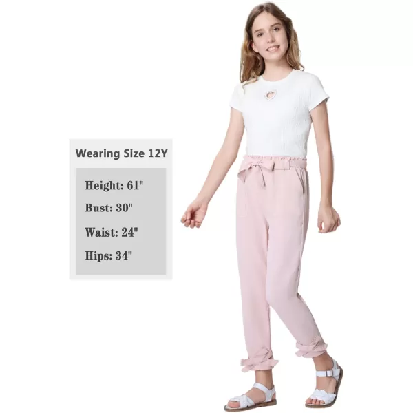 Mebius Girls Elastic Paperbag Pants Tapered High Waist Belted with Bow Knot Pockets Ankle Length Casual School TrousersPink