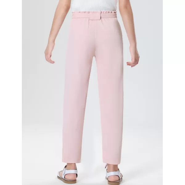 Mebius Girls Elastic Paperbag Pants Tapered High Waist Belted with Bow Knot Pockets Ankle Length Casual School TrousersPink