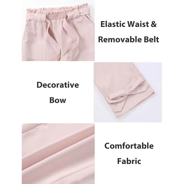 Mebius Girls Elastic Paperbag Pants Tapered High Waist Belted with Bow Knot Pockets Ankle Length Casual School TrousersPink