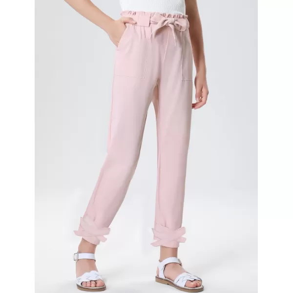 Mebius Girls Elastic Paperbag Pants Tapered High Waist Belted with Bow Knot Pockets Ankle Length Casual School TrousersPink