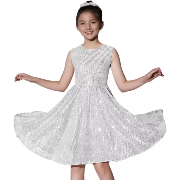 Mebius Girls Sequin Dress Sleeveless Sparkly Special Occasion Kids Party Sequence Sparkle Dress Birthday 814YWhite
