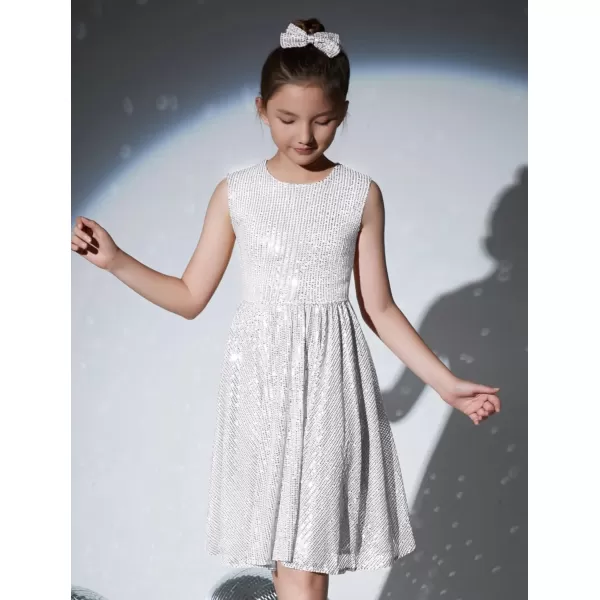 Mebius Girls Sequin Dress Sleeveless Sparkly Special Occasion Kids Party Sequence Sparkle Dress Birthday 814YWhite
