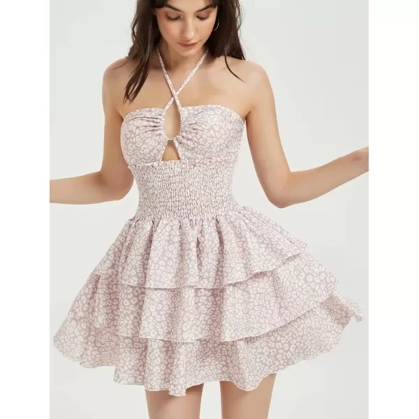 Mebius Womens Floral Mini Dress Summer Criss Cross Halter Backless Preppy Smocked Waist Short Ruffle Dress Picnic BeachFloral Dusty Pink