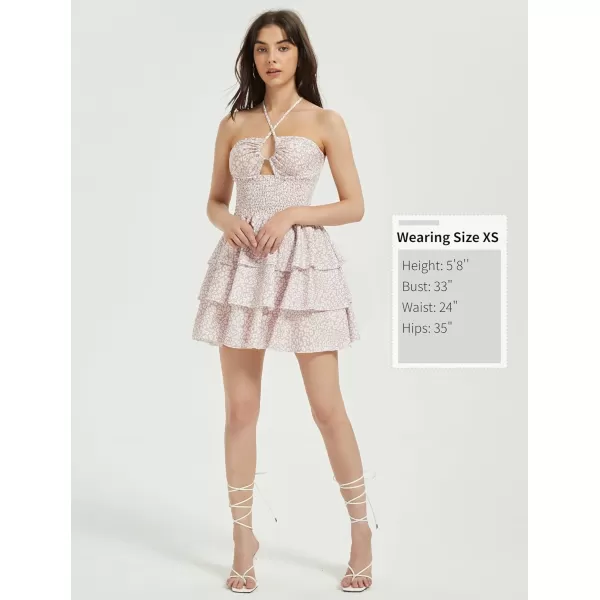 Mebius Womens Floral Mini Dress Summer Criss Cross Halter Backless Preppy Smocked Waist Short Ruffle Dress Picnic BeachFloral Dusty Pink