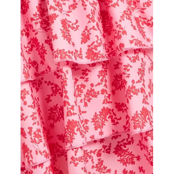 Mebius Womens Floral Mini Dress Summer Criss Cross Halter Backless Preppy Smocked Waist Short Ruffle Dress Picnic BeachFloral Hot Pink