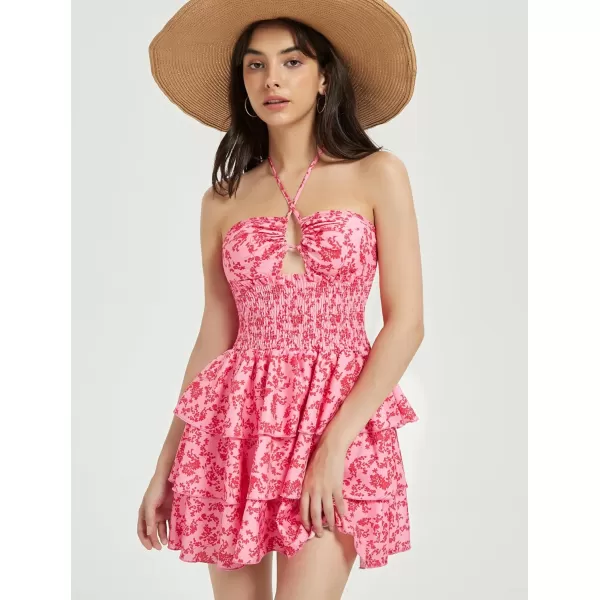 Mebius Womens Floral Mini Dress Summer Criss Cross Halter Backless Preppy Smocked Waist Short Ruffle Dress Picnic BeachFloral Hot Pink