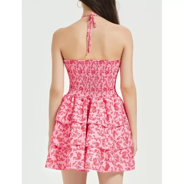 Mebius Womens Floral Mini Dress Summer Criss Cross Halter Backless Preppy Smocked Waist Short Ruffle Dress Picnic BeachFloral Hot Pink