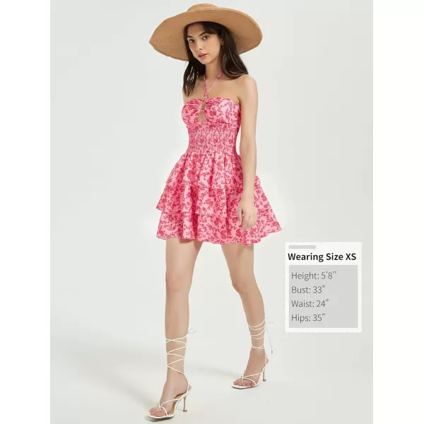 Mebius Womens Floral Mini Dress Summer Criss Cross Halter Backless Preppy Smocked Waist Short Ruffle Dress Picnic BeachFloral Hot Pink