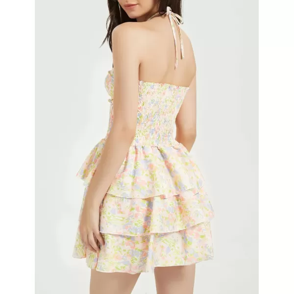 Mebius Womens Floral Mini Dress Summer Criss Cross Halter Backless Preppy Smocked Waist Short Ruffle Dress Picnic BeachFloral Light Orange