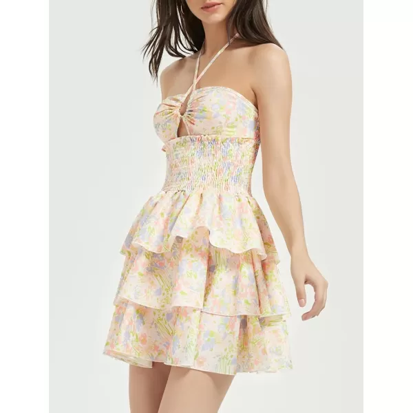 Mebius Womens Floral Mini Dress Summer Criss Cross Halter Backless Preppy Smocked Waist Short Ruffle Dress Picnic BeachFloral Light Orange