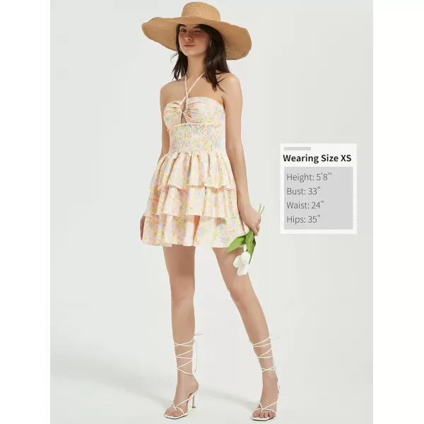 Mebius Womens Floral Mini Dress Summer Criss Cross Halter Backless Preppy Smocked Waist Short Ruffle Dress Picnic BeachFloral Light Orange