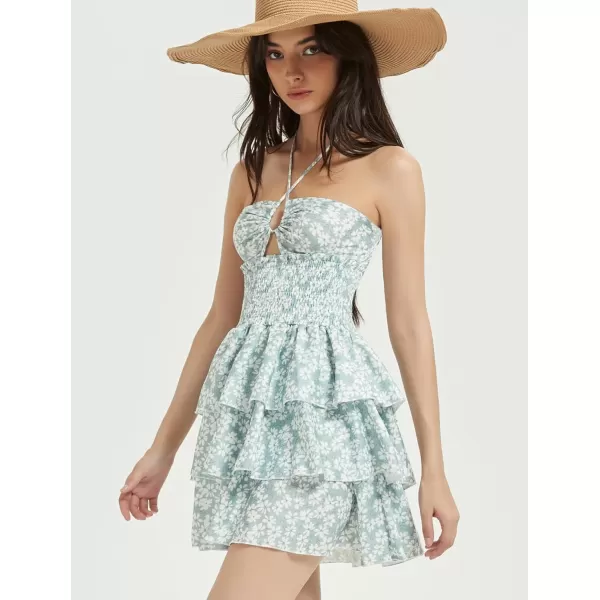 Mebius Womens Floral Mini Dress Summer Criss Cross Halter Backless Preppy Smocked Waist Short Ruffle Dress Picnic BeachFloral Sage Green
