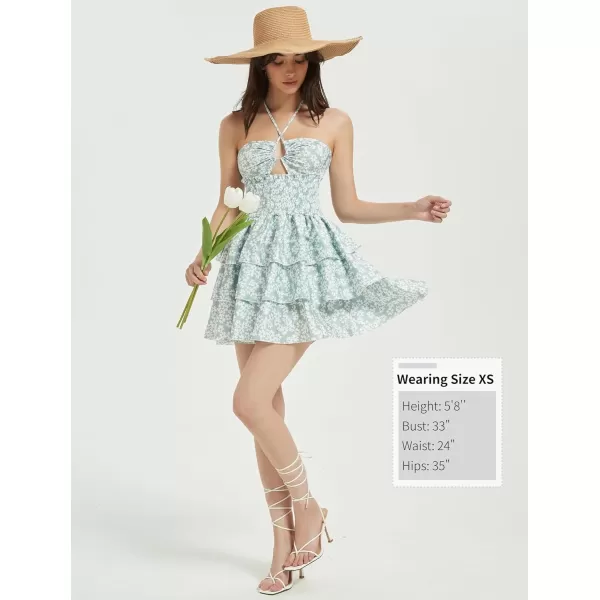 Mebius Womens Floral Mini Dress Summer Criss Cross Halter Backless Preppy Smocked Waist Short Ruffle Dress Picnic BeachFloral Sage Green