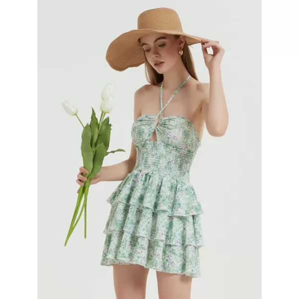 Mebius Womens Floral Mini Dress Summer Criss Cross Halter Backless Preppy Smocked Waist Short Ruffle Dress Picnic BeachGreen