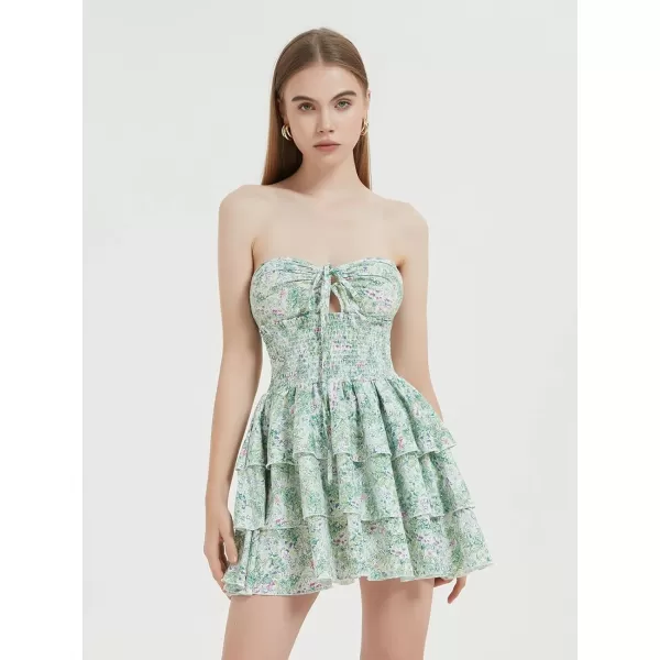Mebius Womens Floral Mini Dress Summer Criss Cross Halter Backless Preppy Smocked Waist Short Ruffle Dress Picnic BeachGreen