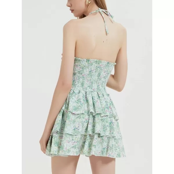 Mebius Womens Floral Mini Dress Summer Criss Cross Halter Backless Preppy Smocked Waist Short Ruffle Dress Picnic BeachGreen