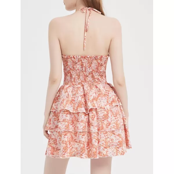 Mebius Womens Floral Mini Dress Summer Criss Cross Halter Backless Preppy Smocked Waist Short Ruffle Dress Picnic BeachOrange