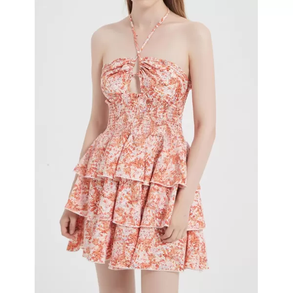 Mebius Womens Floral Mini Dress Summer Criss Cross Halter Backless Preppy Smocked Waist Short Ruffle Dress Picnic BeachOrange