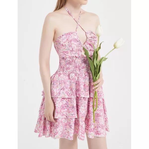 Mebius Womens Floral Mini Dress Summer Criss Cross Halter Backless Preppy Smocked Waist Short Ruffle Dress Picnic BeachPink