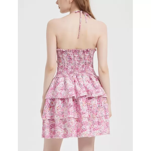 Mebius Womens Floral Mini Dress Summer Criss Cross Halter Backless Preppy Smocked Waist Short Ruffle Dress Picnic BeachPink