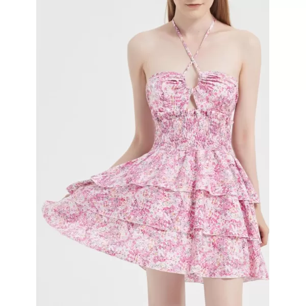 Mebius Womens Floral Mini Dress Summer Criss Cross Halter Backless Preppy Smocked Waist Short Ruffle Dress Picnic BeachPink