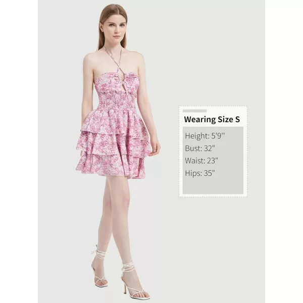 Mebius Womens Floral Mini Dress Summer Criss Cross Halter Backless Preppy Smocked Waist Short Ruffle Dress Picnic BeachPink