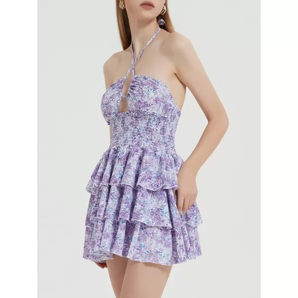 Mebius Womens Floral Mini Dress Summer Criss Cross Halter Backless Preppy Smocked Waist Short Ruffle Dress Picnic BeachPurple