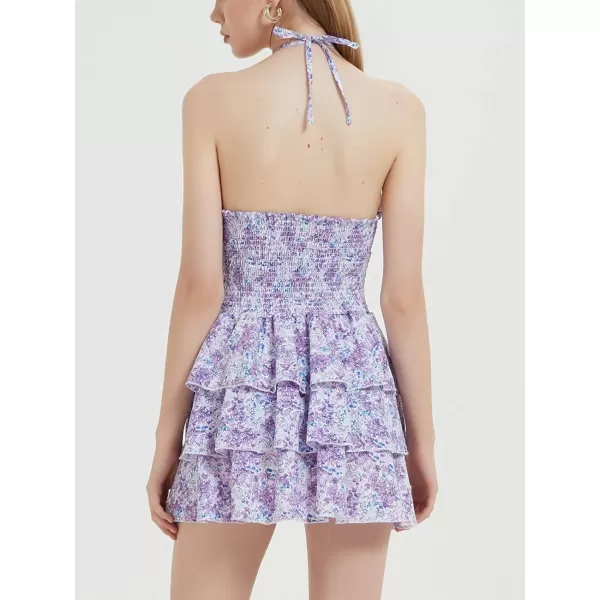 Mebius Womens Floral Mini Dress Summer Criss Cross Halter Backless Preppy Smocked Waist Short Ruffle Dress Picnic BeachPurple