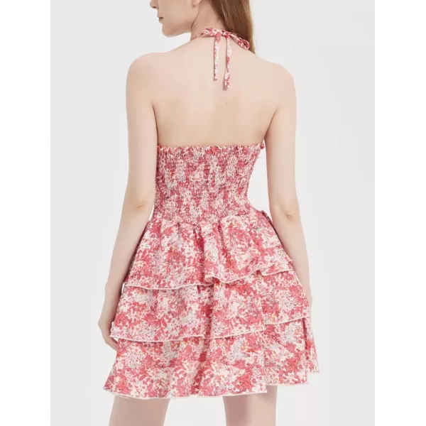 Mebius Womens Floral Mini Dress Summer Criss Cross Halter Backless Preppy Smocked Waist Short Ruffle Dress Picnic BeachRed