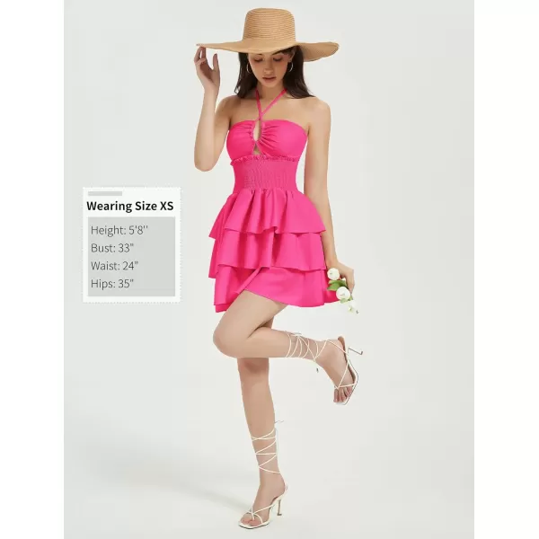 Mebius Womens Floral Mini Dress Summer Criss Cross Halter Backless Preppy Smocked Waist Short Ruffle Dress Picnic BeachSolid Hot Pink