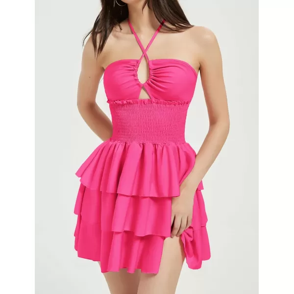 Mebius Womens Floral Mini Dress Summer Criss Cross Halter Backless Preppy Smocked Waist Short Ruffle Dress Picnic BeachSolid Hot Pink