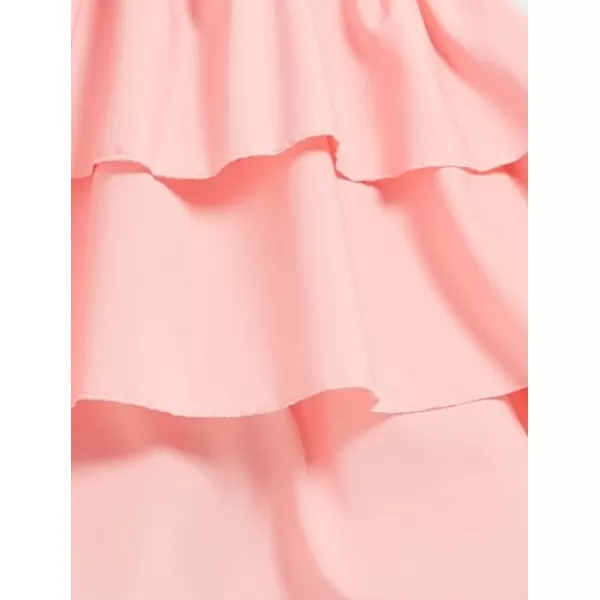 Mebius Womens Floral Mini Dress Summer Criss Cross Halter Backless Preppy Smocked Waist Short Ruffle Dress Picnic BeachSolid Pink
