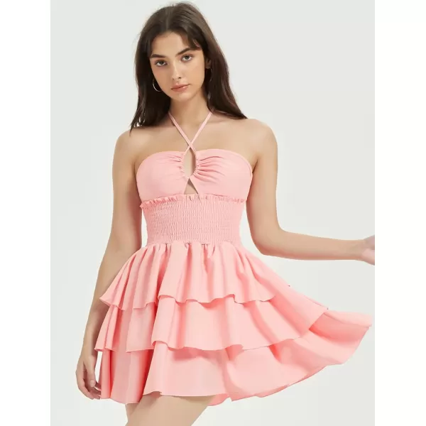 Mebius Womens Floral Mini Dress Summer Criss Cross Halter Backless Preppy Smocked Waist Short Ruffle Dress Picnic BeachSolid Pink