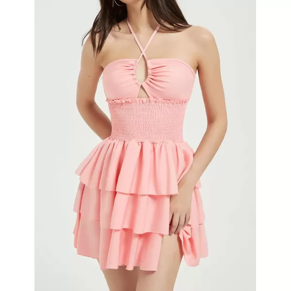 Mebius Womens Floral Mini Dress Summer Criss Cross Halter Backless Preppy Smocked Waist Short Ruffle Dress Picnic BeachSolid Pink