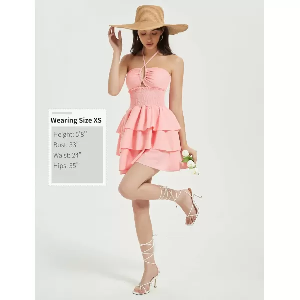 Mebius Womens Floral Mini Dress Summer Criss Cross Halter Backless Preppy Smocked Waist Short Ruffle Dress Picnic BeachSolid Pink