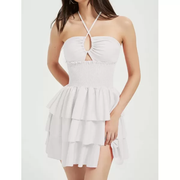 Mebius Womens Floral Mini Dress Summer Criss Cross Halter Backless Preppy Smocked Waist Short Ruffle Dress Picnic BeachSolid White