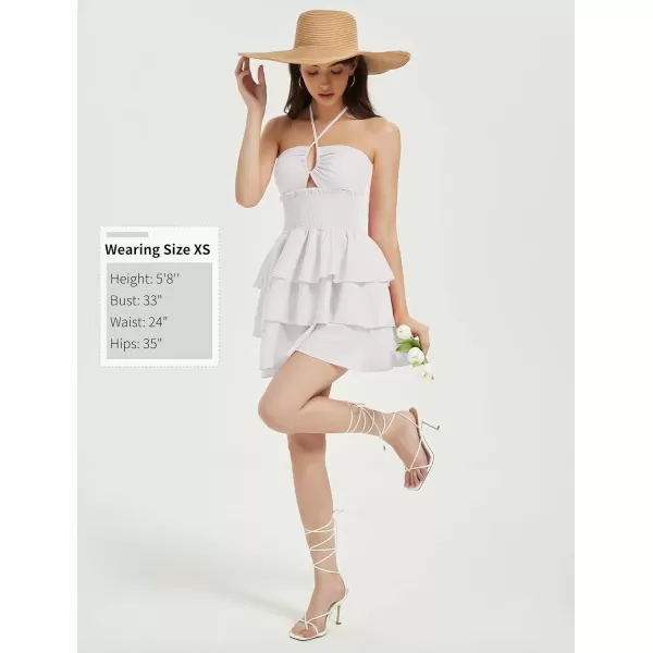 Mebius Womens Floral Mini Dress Summer Criss Cross Halter Backless Preppy Smocked Waist Short Ruffle Dress Picnic BeachSolid White